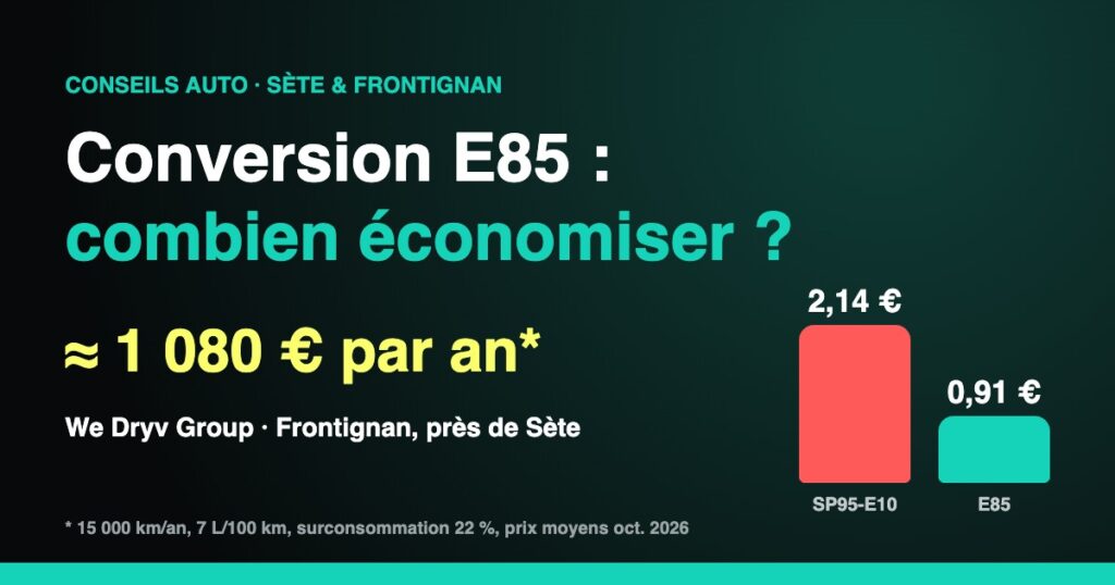 Conversion E85 à Sète : économies avec un boîtier éthanol, SP95-E10 à 2,14 € contre E85 à 0,91 €